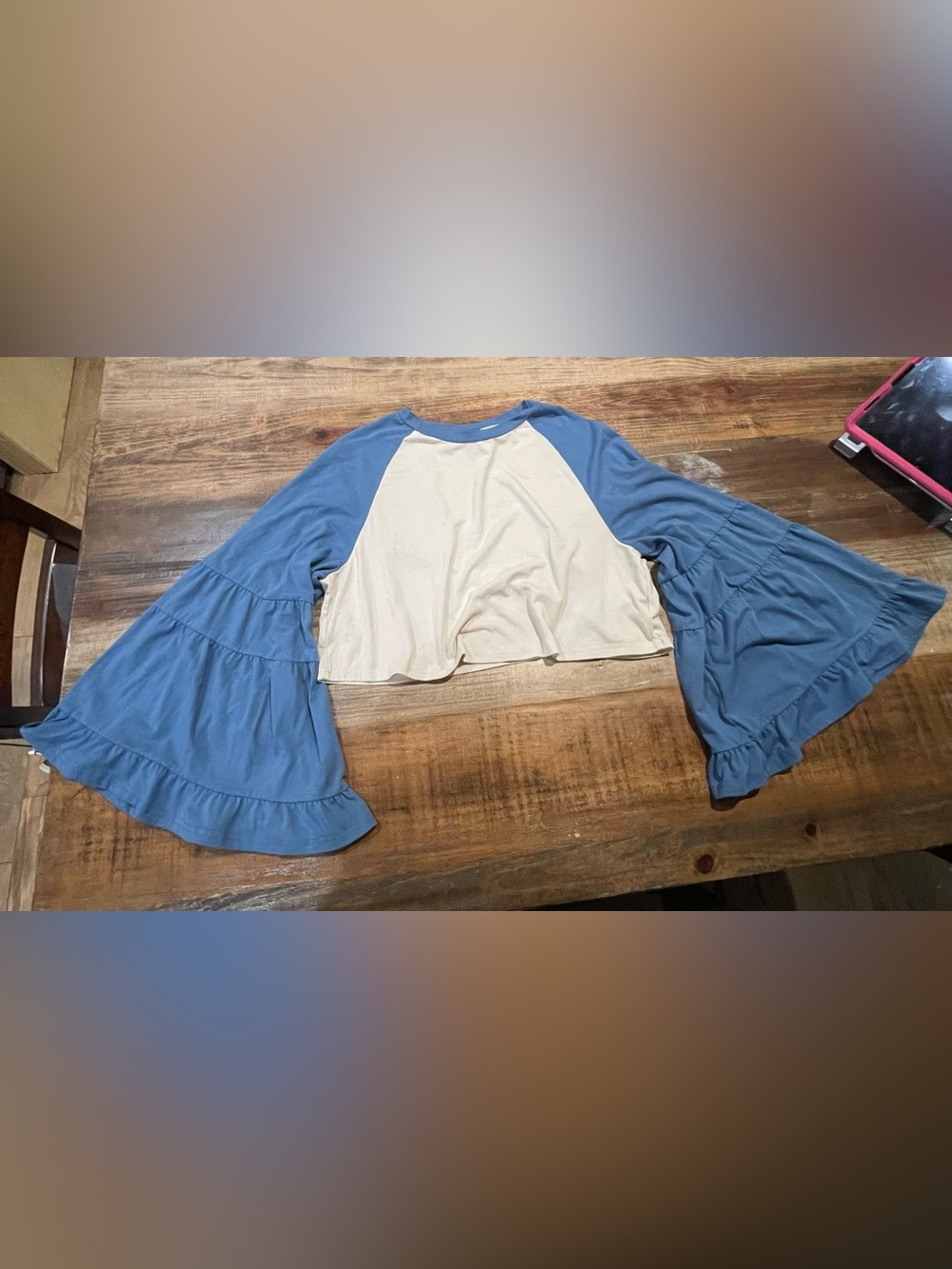 SHEIN Blue and Cream Bell Sleeve Cropped Sweater